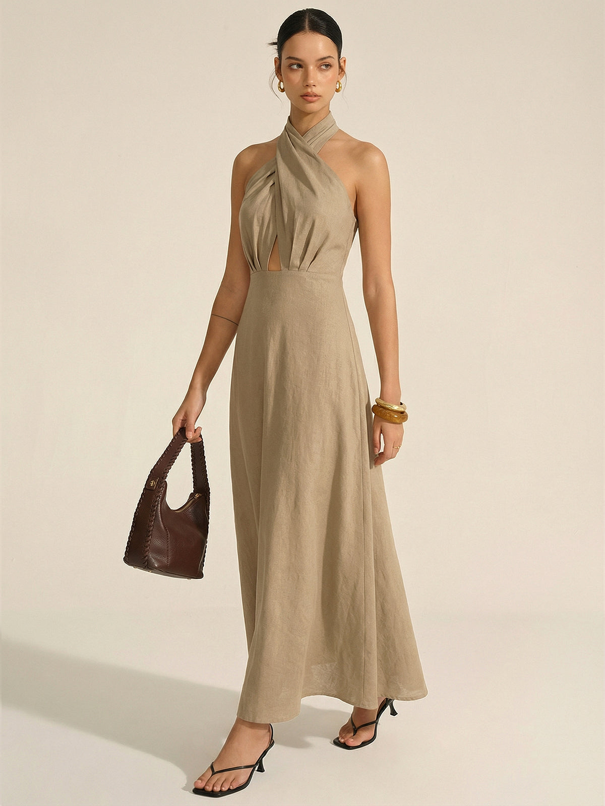 Cotton Linen Maxi Dress with Halter Neck Cut-Out