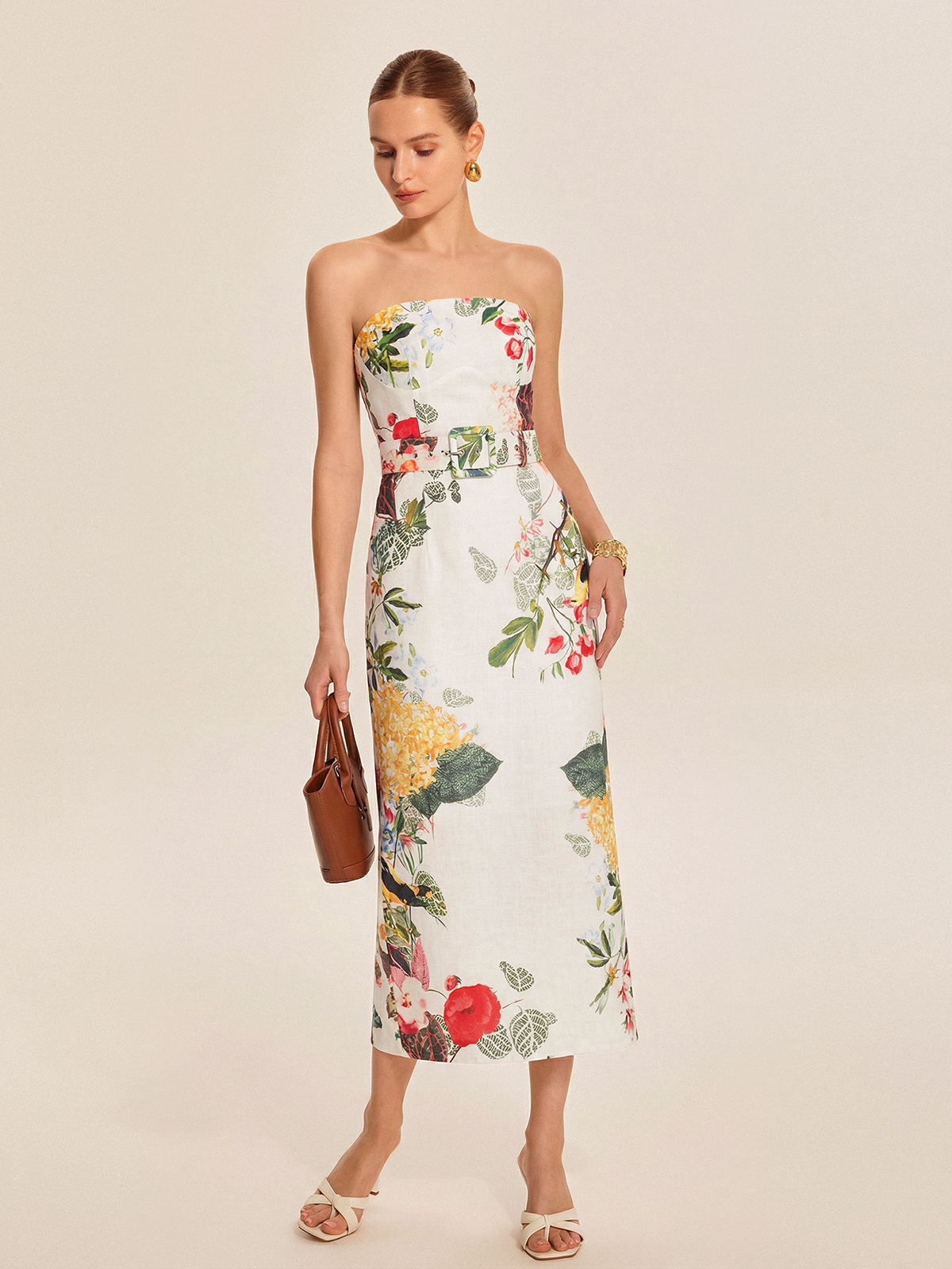 Strapless Maxi Dress with Belt and Floral Design