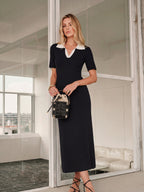 Contrast Collar Knit Maxi Dress with Short Sleeves