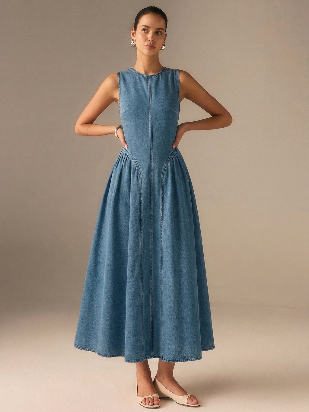 Denim Sleeveless Maxi Dress with Open Back