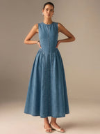 Denim Sleeveless Maxi Dress with Open Back