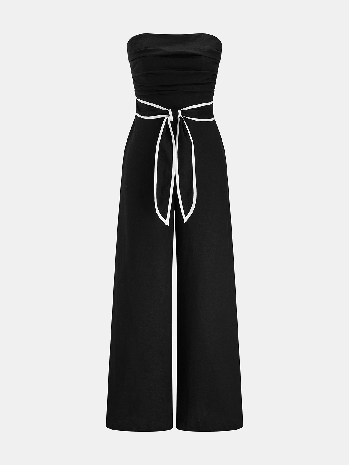 Linen-Blend Strapless Jumpsuit with Tie Waist, Wide Legs