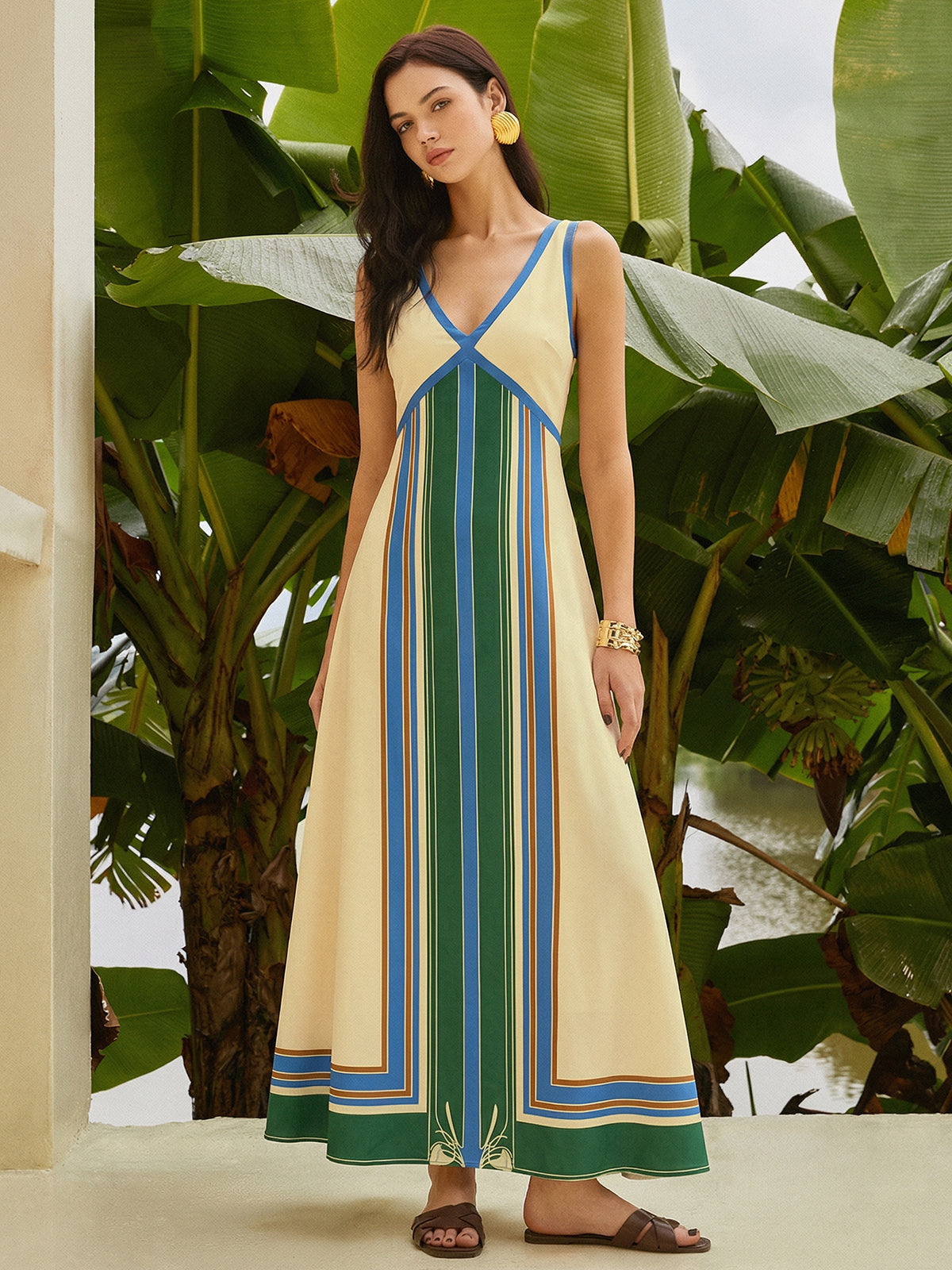 V-Neck Sleeveless Maxi Dress with Geometric Pattern