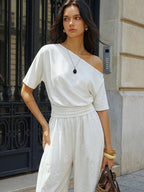 Cinched Off-Shoulder Crop Top with Elastic Waist
