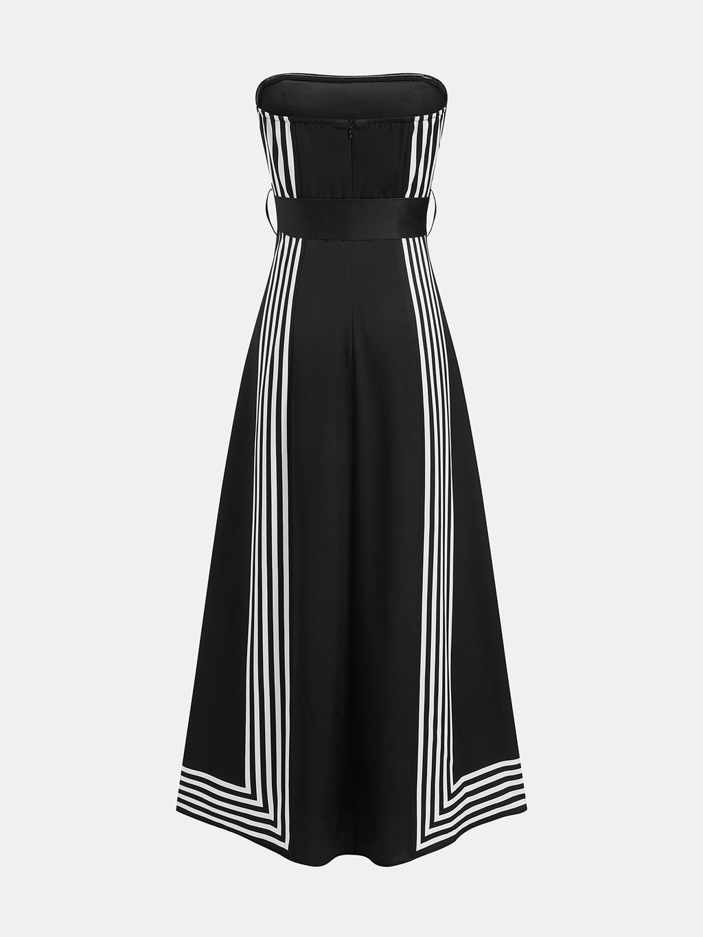 Belted Stripe Strapless Midi Dress