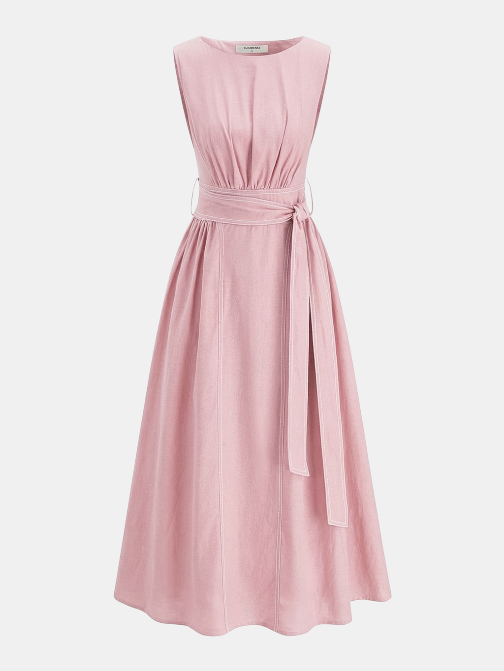 Cotton Linen Maxi Dress with Sleeveless Belt Design