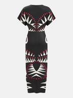 Geometric Pattern Midi Dress with Deep V-Neck