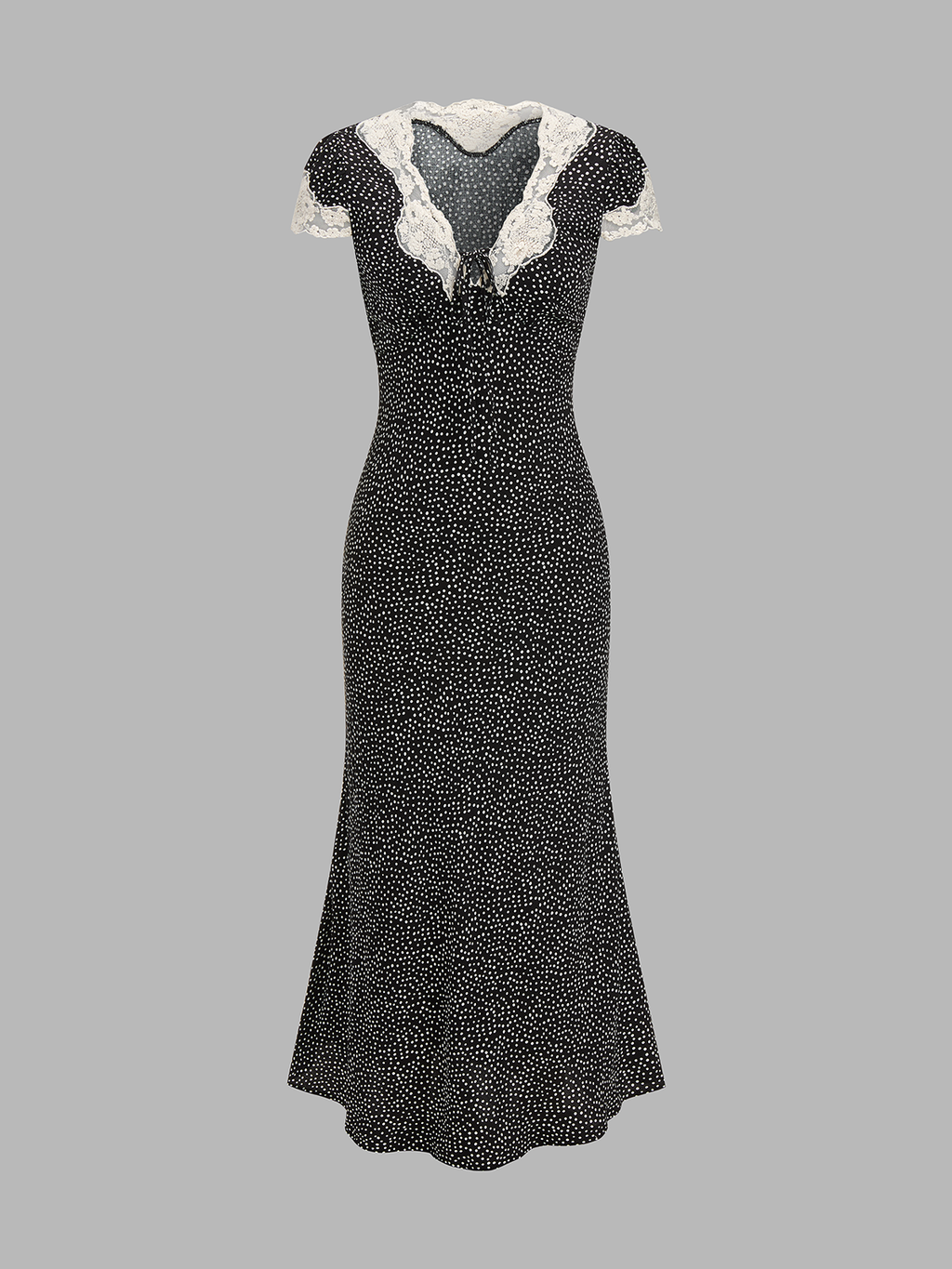 Lace V-Neck Midi Dress with Polka Dot Pattern