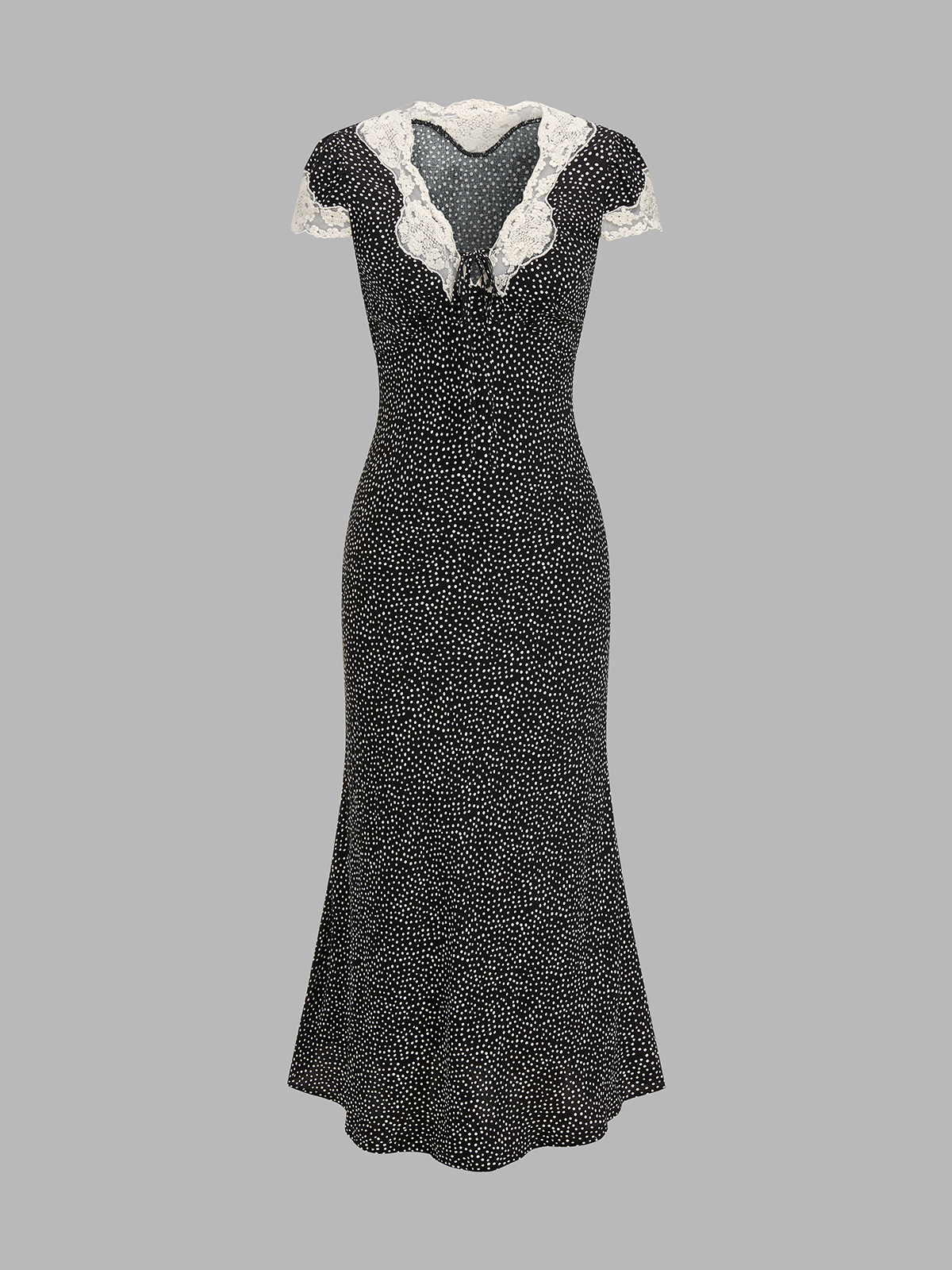 Lace V-Neck Midi Dress with Polka Dot Pattern
