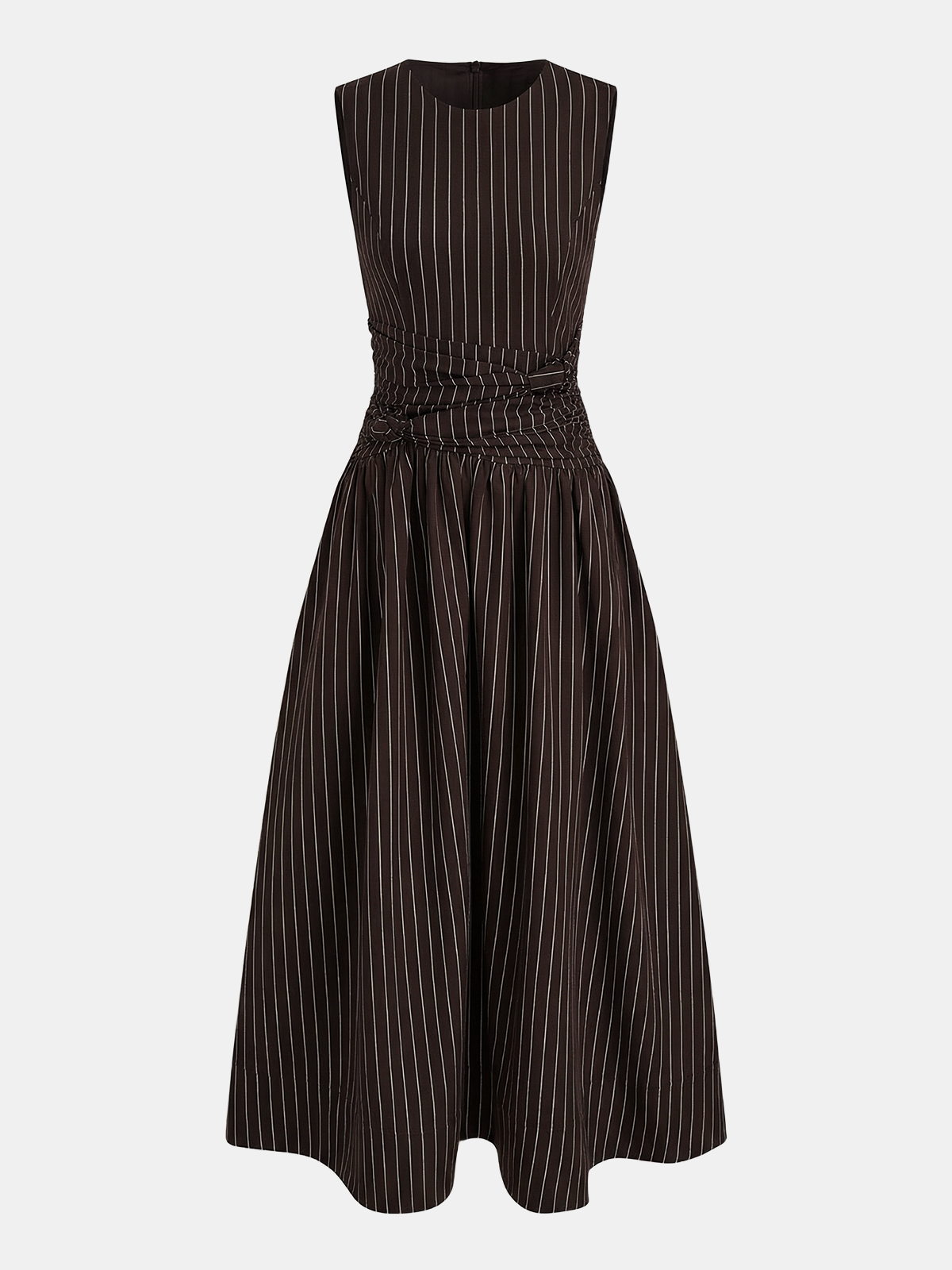 Striped Cotton Blend Ruched Sleeveless Maxi Dress