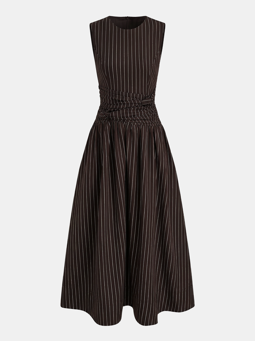 Cotton Blend Striped Sleeveless Ruched Maxi Dress