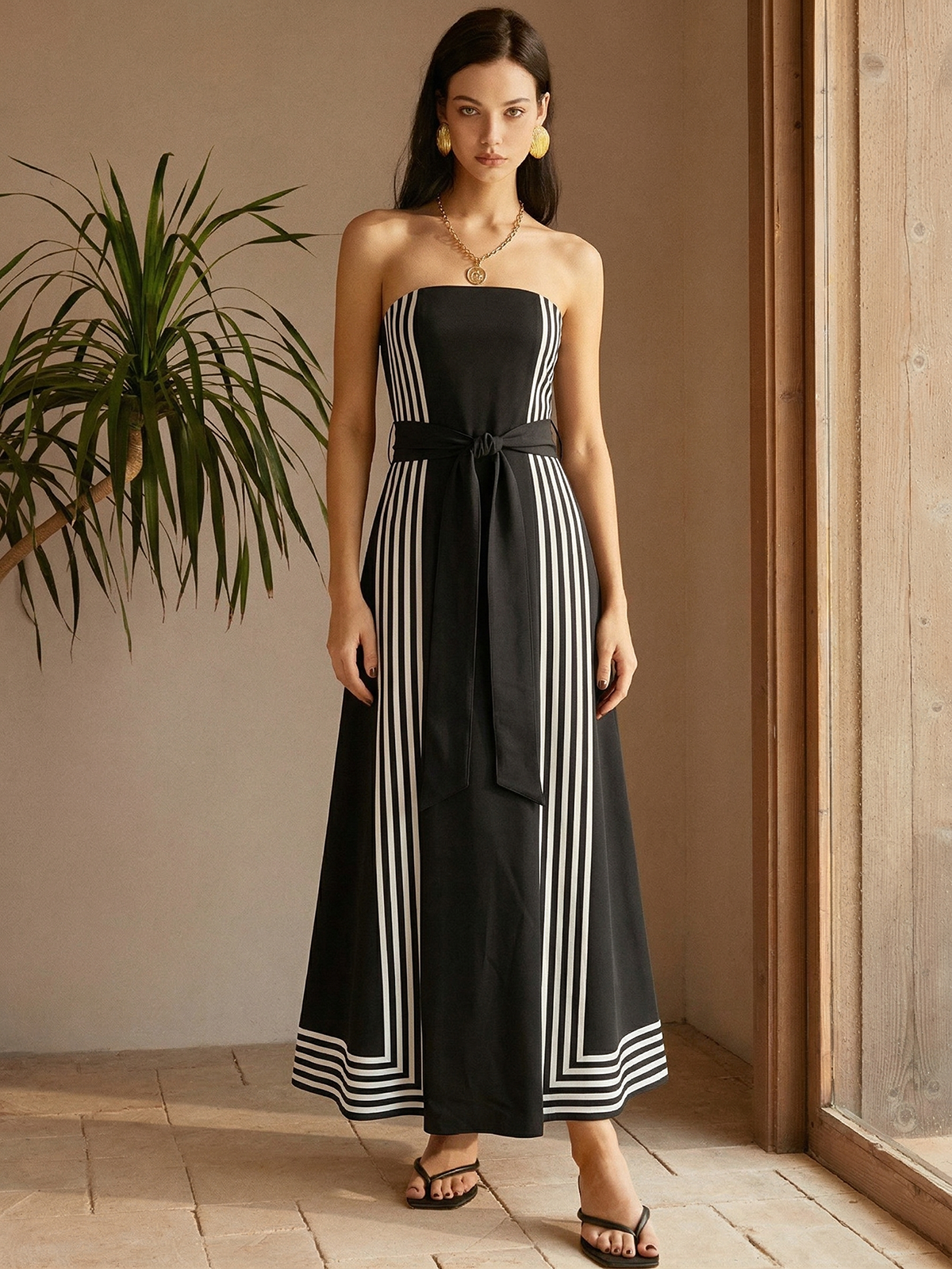 Striped Belted Midi Dress with Strapless Design