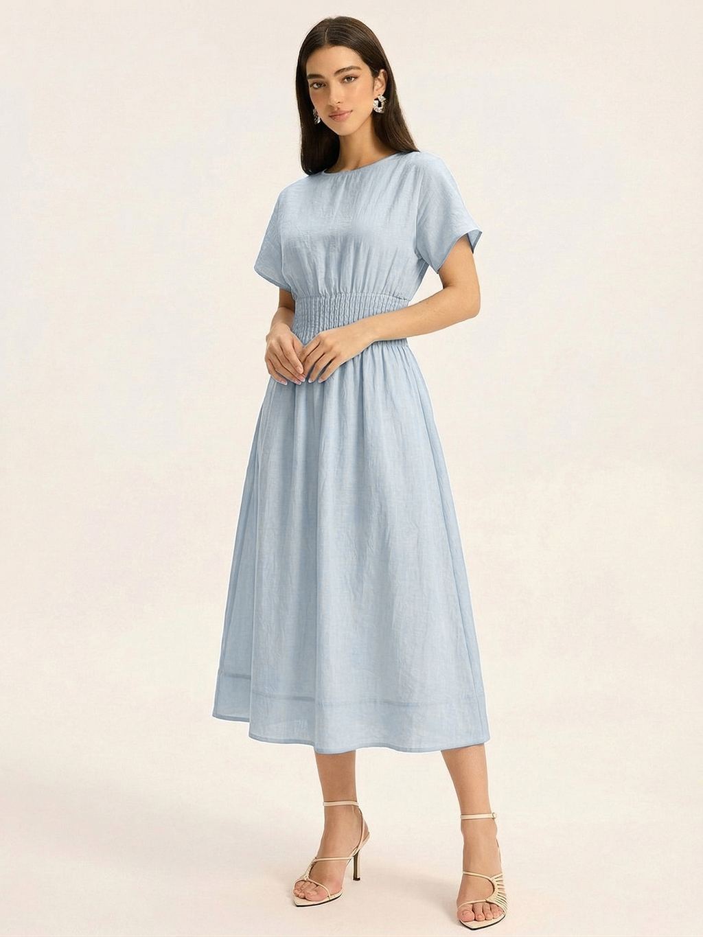 Short Sleeve Midi Dress with Smocked Waist