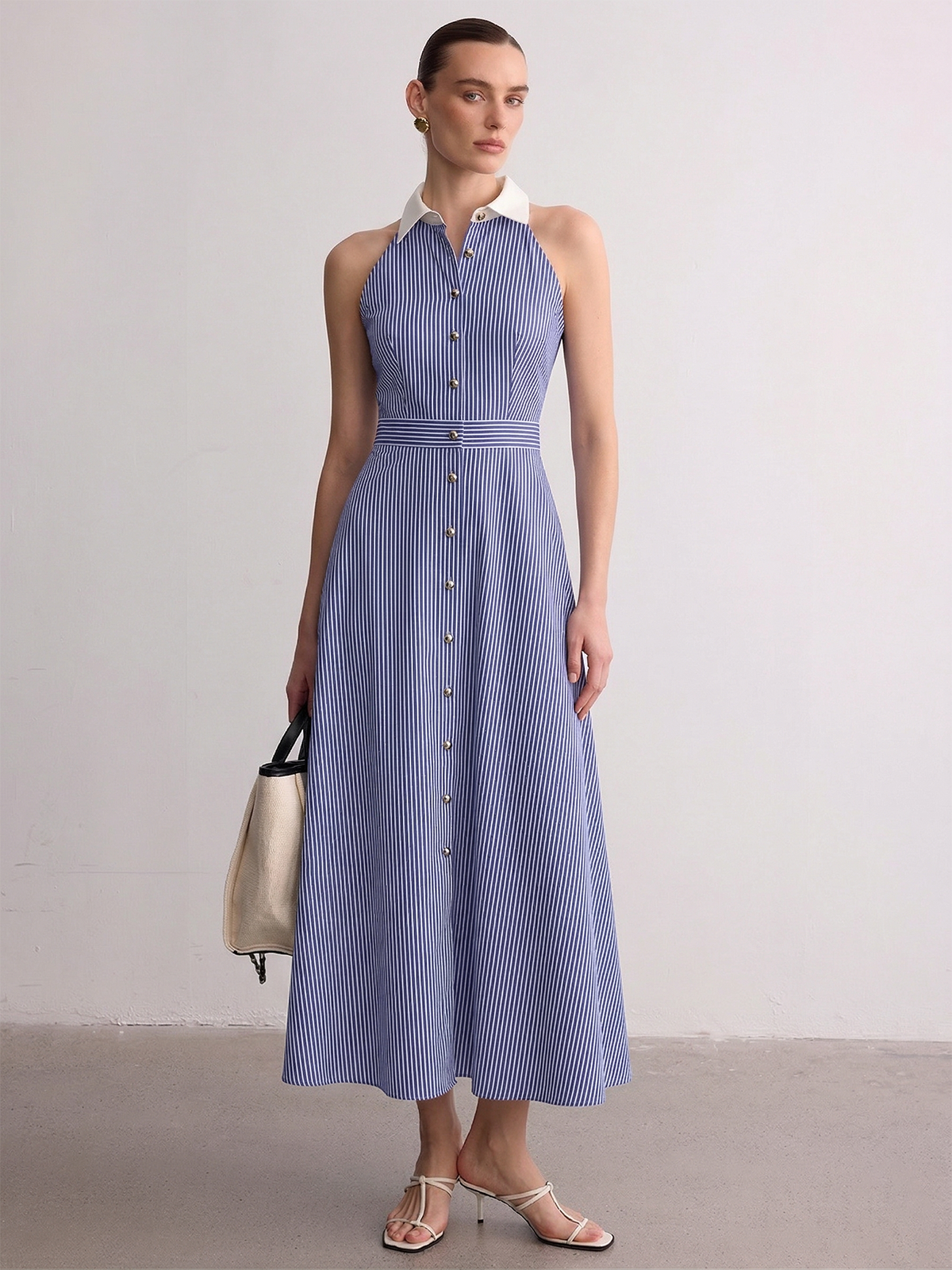 Striped Sleeveless Collared Maxi Dress with Buttons