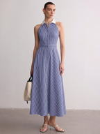 Striped Collared Sleeveless Maxi Dress with Buttons