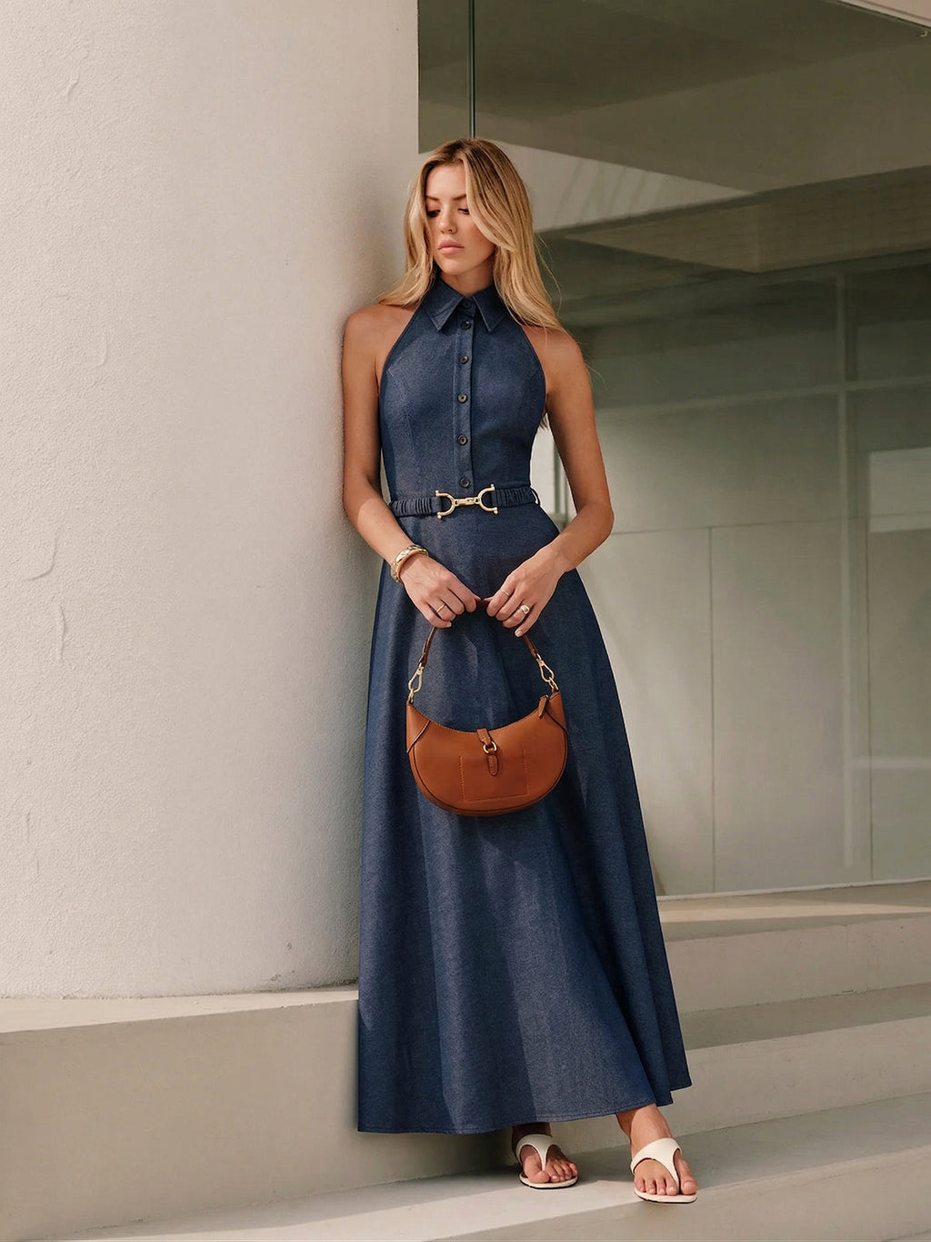 Collared Denim Maxi Dress with Halter Belt