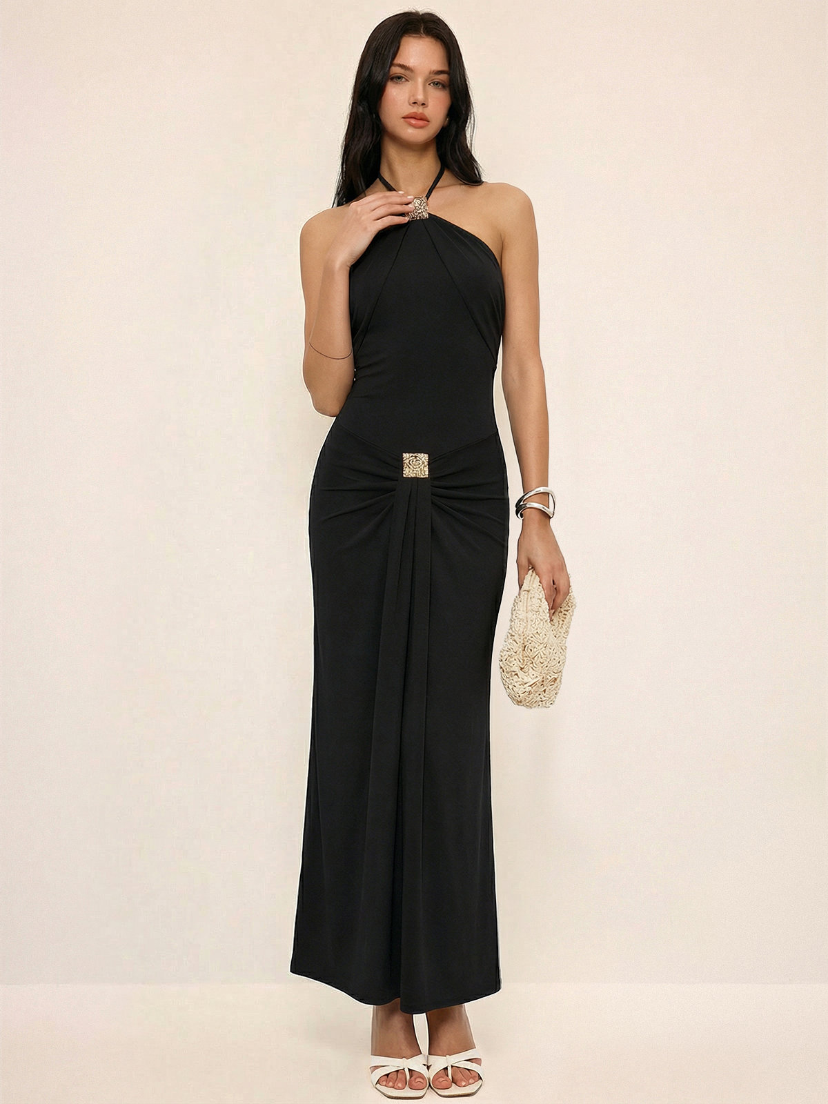 Halter Maxi Dress with Ruched and Embellished Details