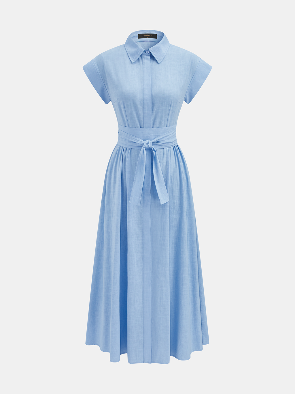 Cotton Midi Shirt Dress with Belted Short Sleeves