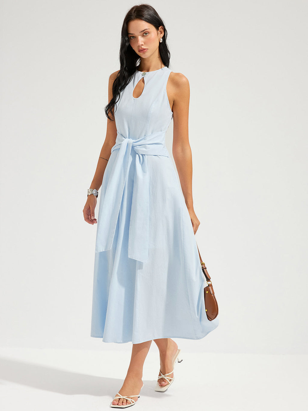 Cotton Sleeveless Maxi Dress with Keyhole and Tie Waist