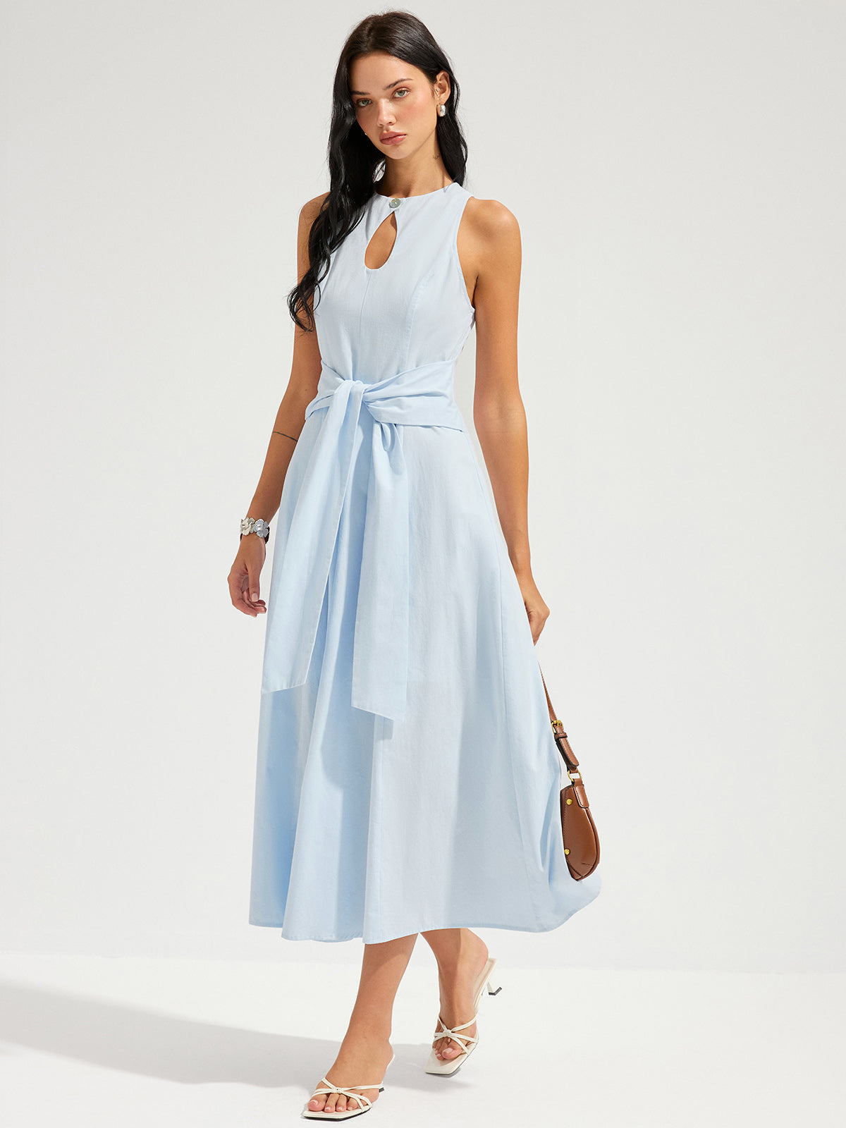 Cotton Sleeveless Maxi Dress with Keyhole and Tie Waist