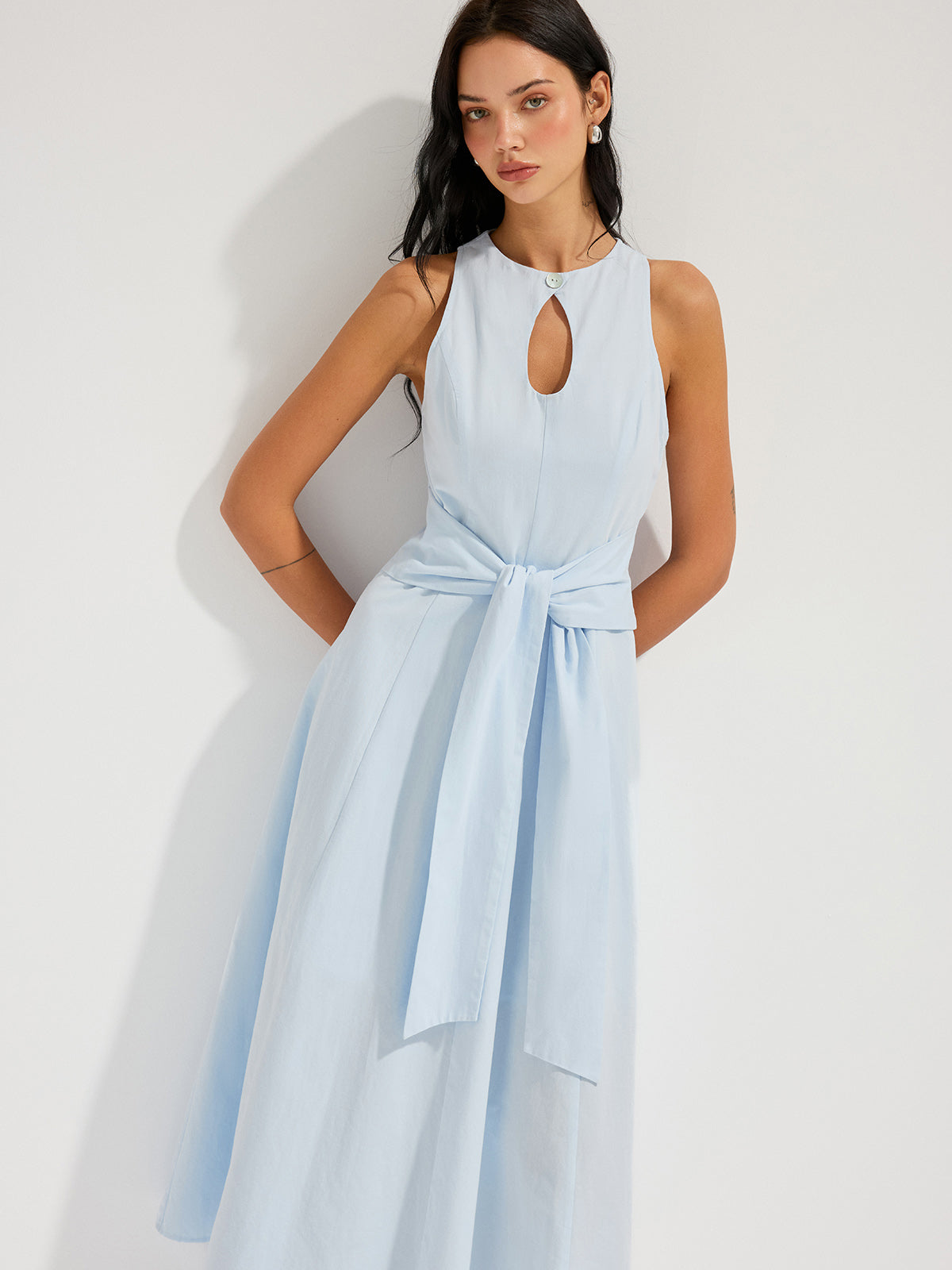 Cotton Sleeveless Maxi Dress with Keyhole and Tie Waist