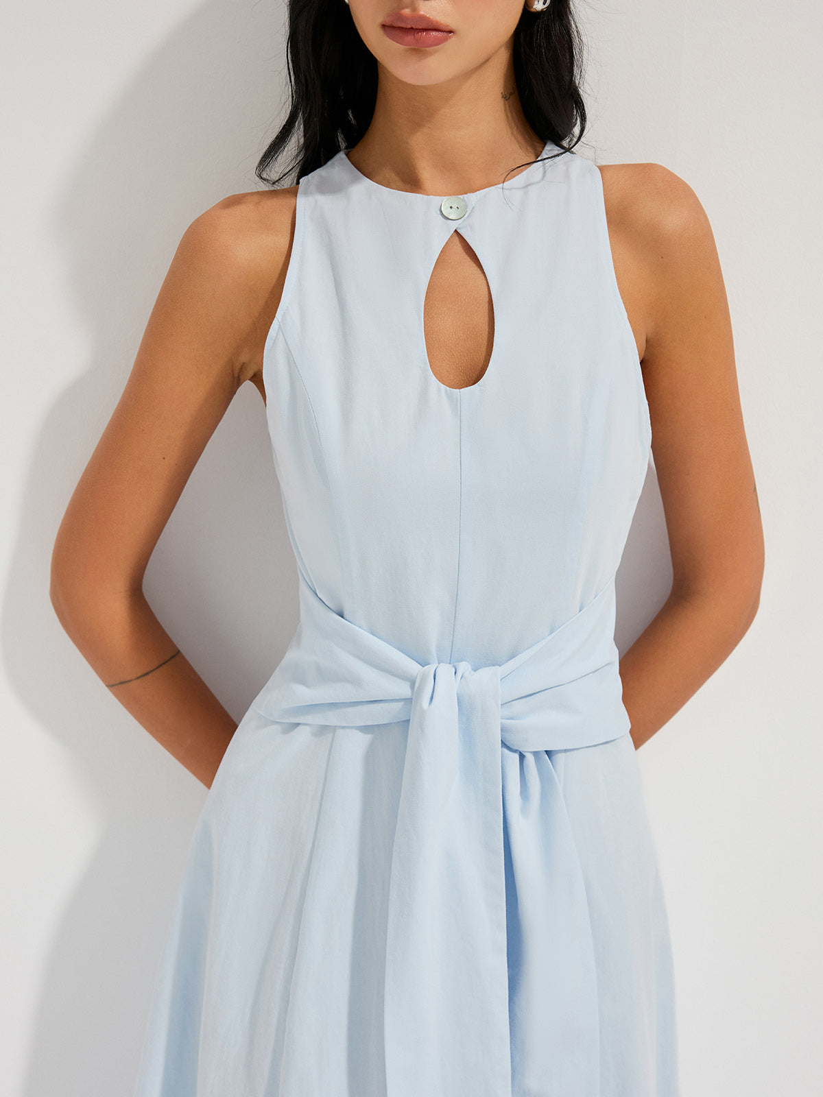 Cotton Sleeveless Maxi Dress with Keyhole and Tie Waist