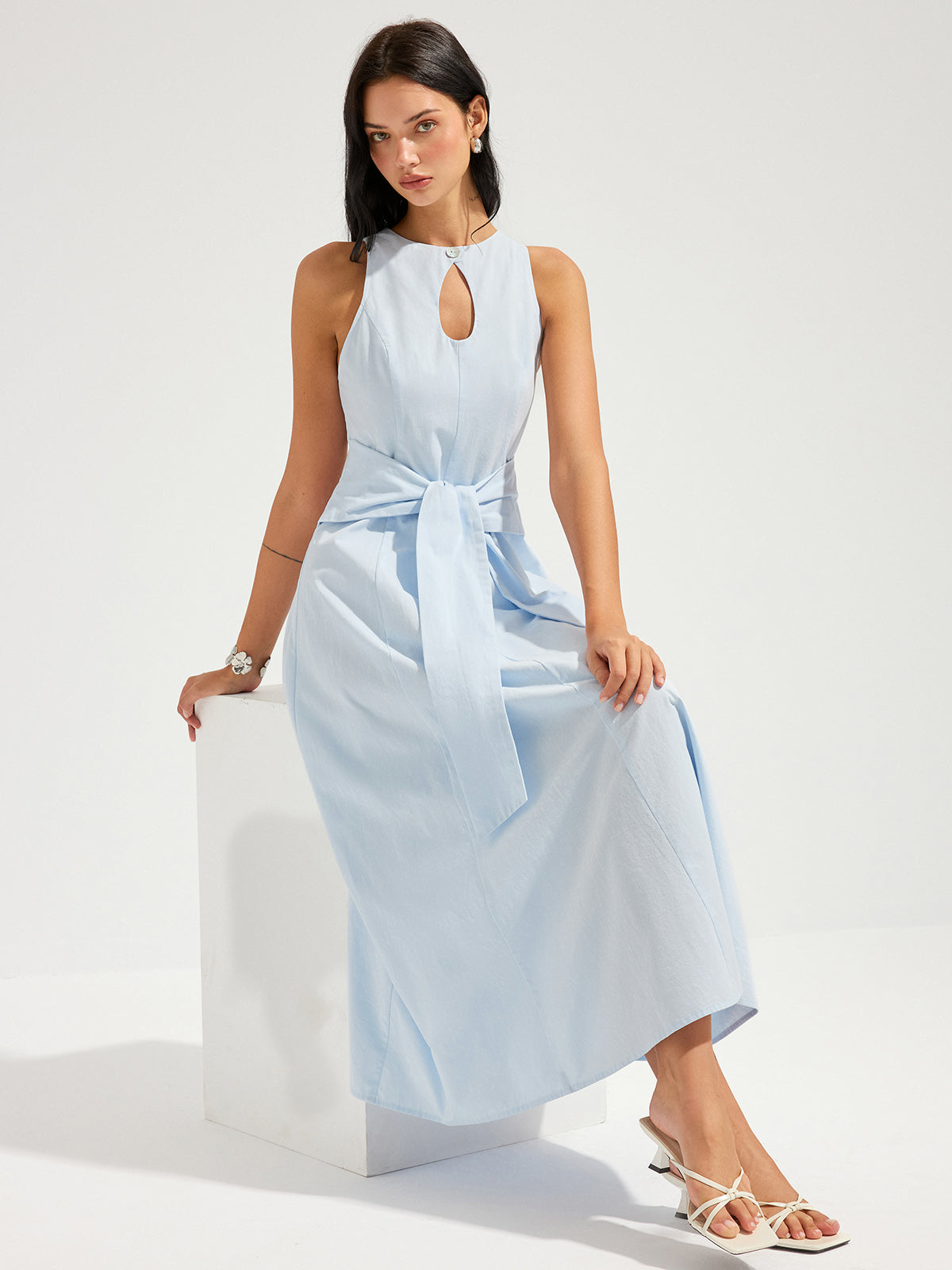 Cotton Sleeveless Maxi Dress with Keyhole and Tie Waist