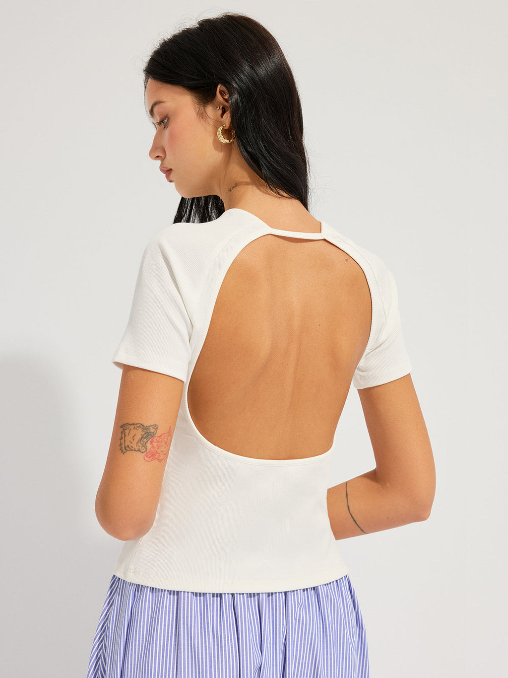 Open Back Ribbed Top with Short Sleeves