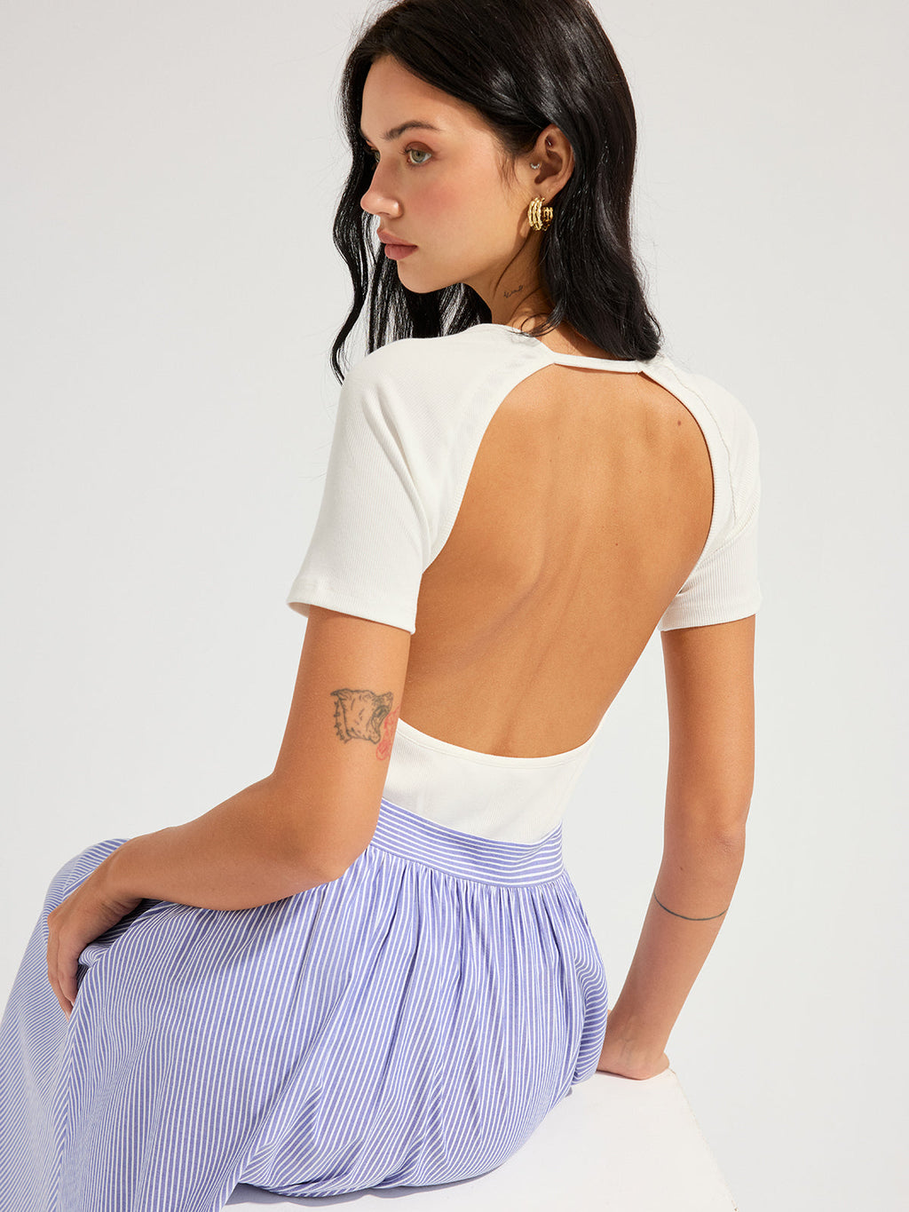 Open Back Ribbed Top with Short Sleeves