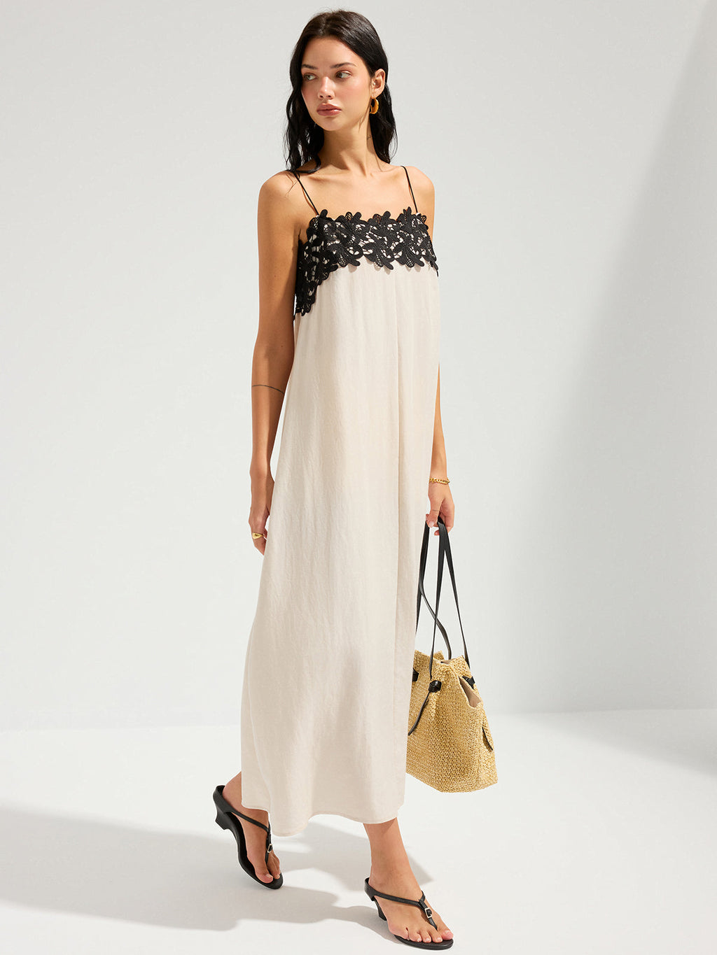 Linen-Blend Maxi Dress with Lace Trim Cami Style