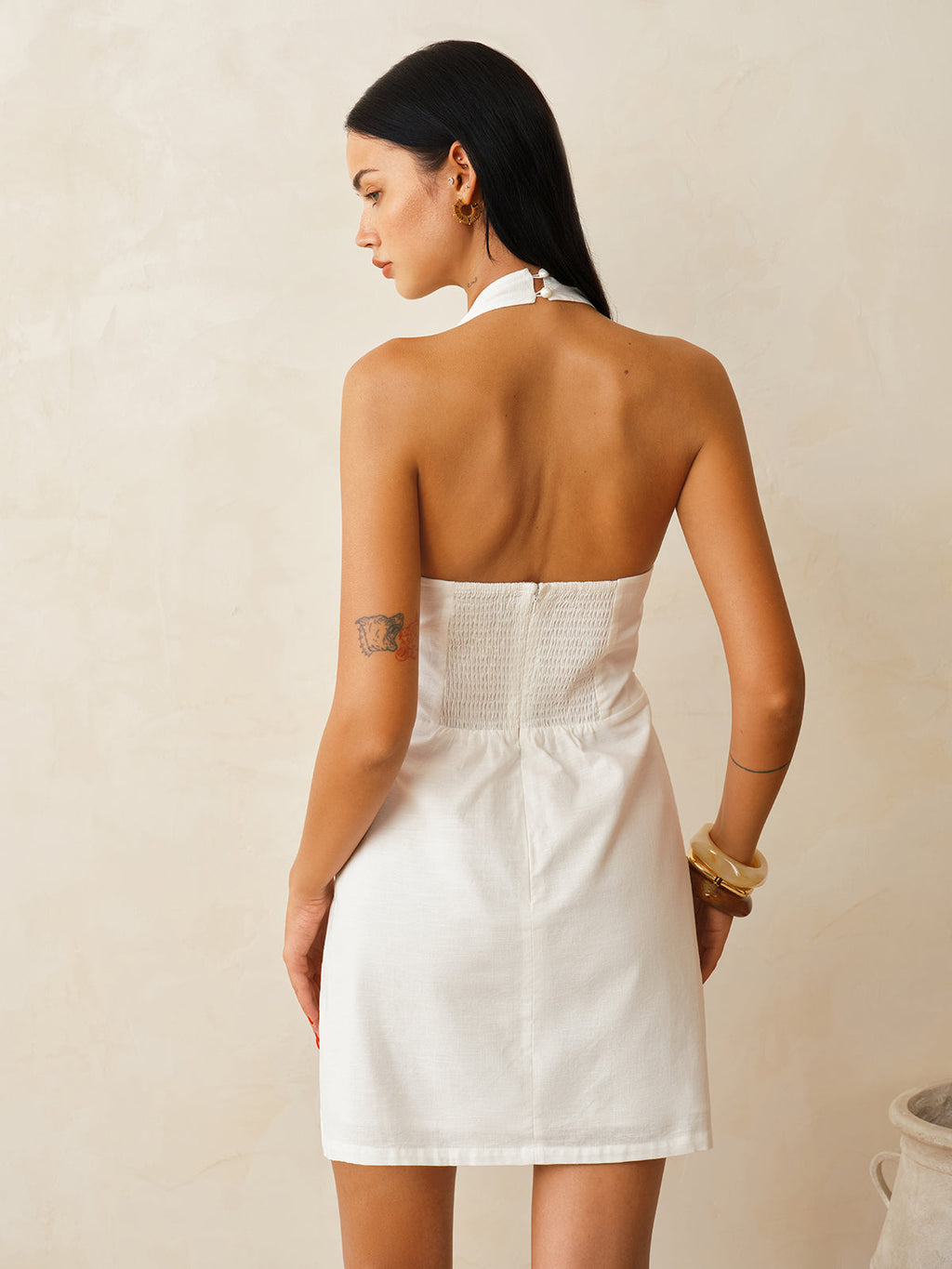 Cotton Linen Halter Dress with Shell Waist Detail