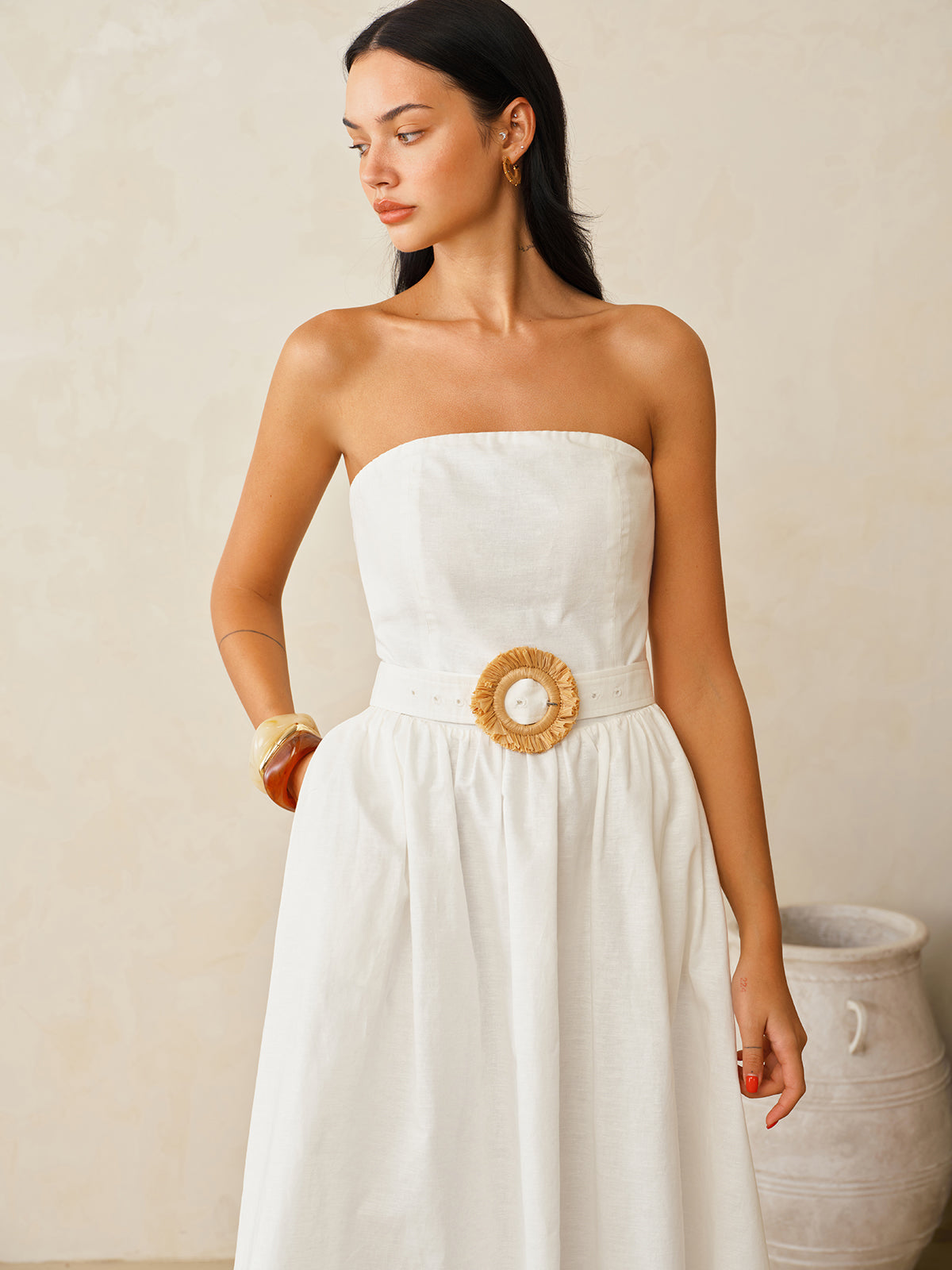 Strapless Cotton Linen Maxi Dress with Belt