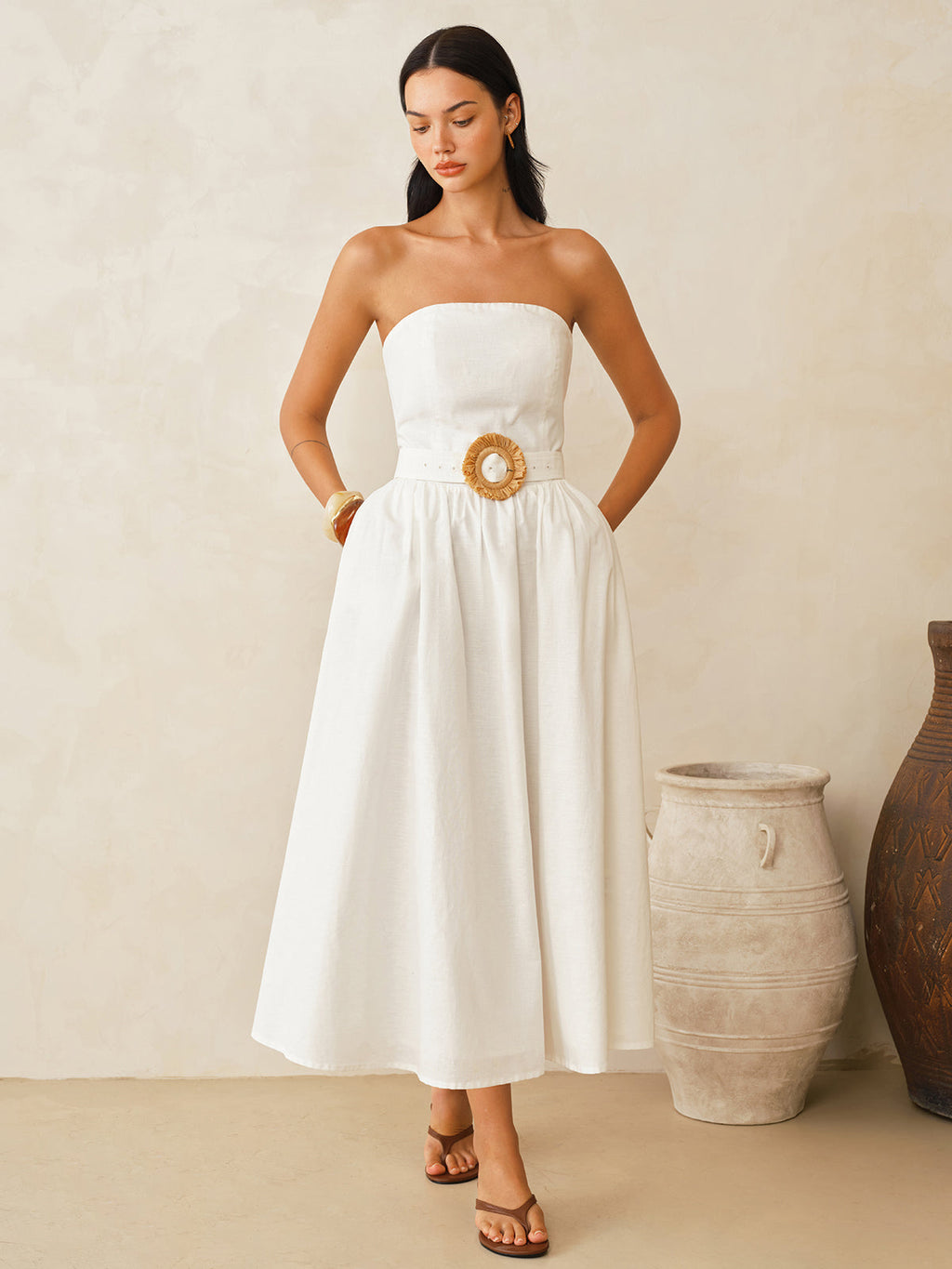 Strapless Cotton Linen Maxi Dress with Belt
