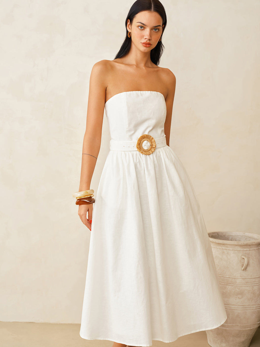 Cotton Linen Strapless Maxi Dress with Belt