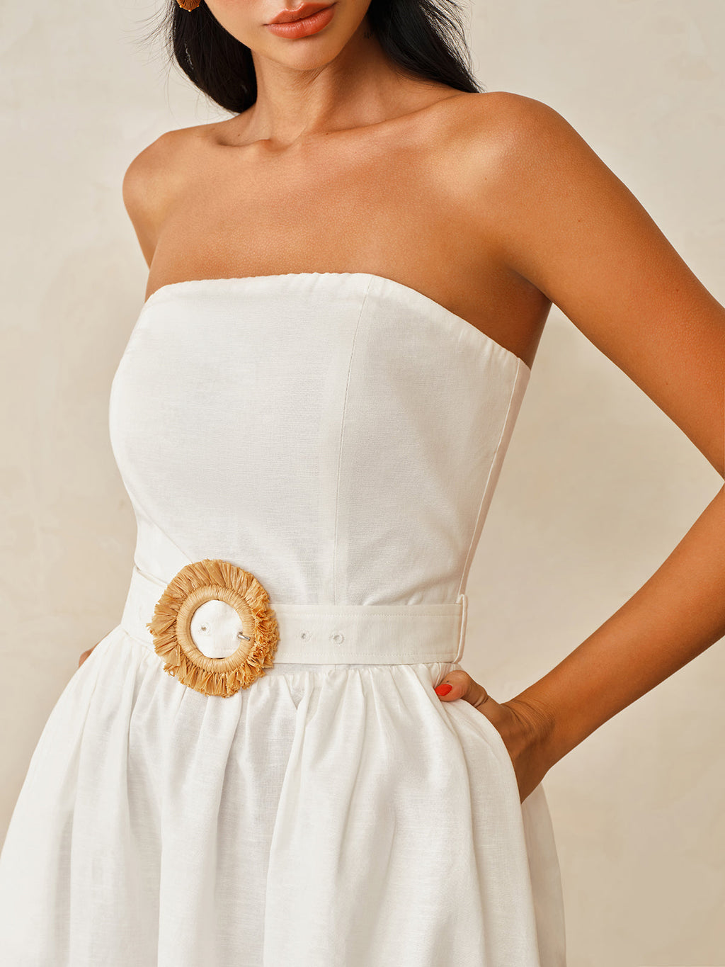 Cotton Linen Strapless Maxi Dress with Belt