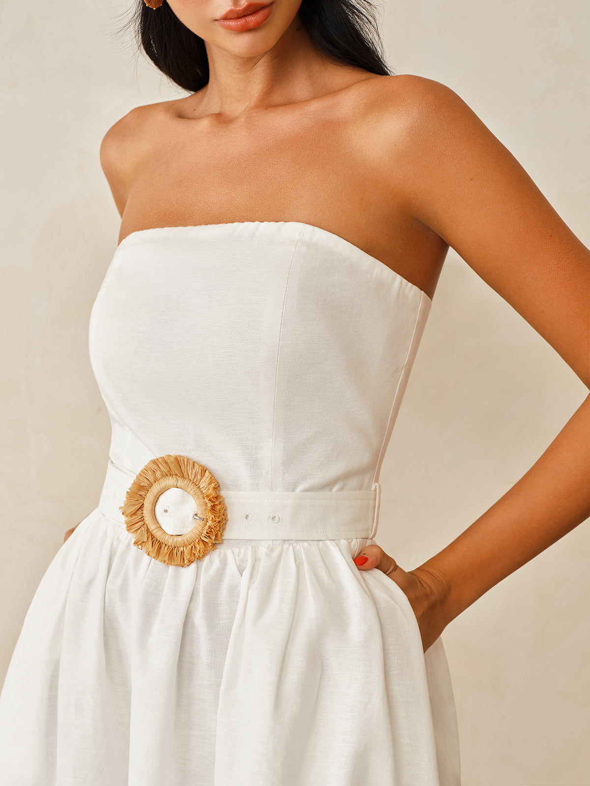 Cotton Linen Strapless Maxi Dress with Belt
