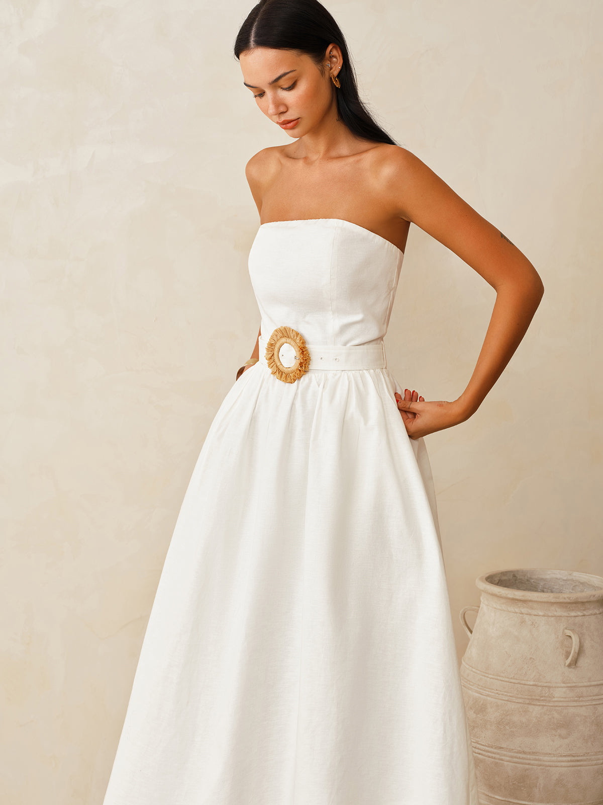 Cotton Linen Strapless Maxi Dress with Belt