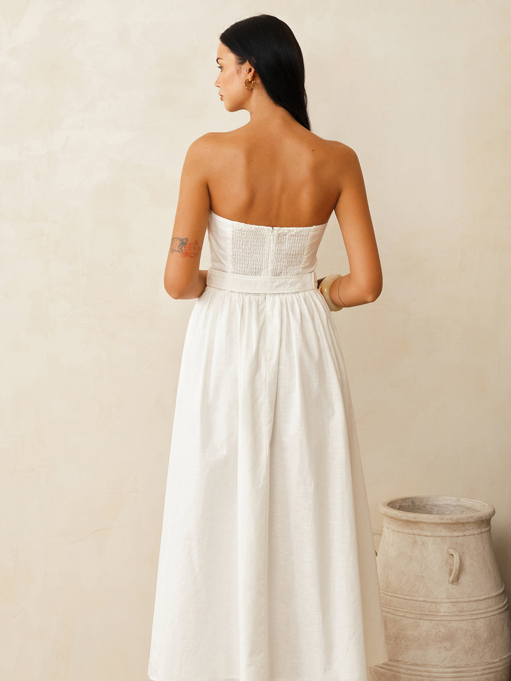 Cotton Linen Strapless Maxi Dress with Belt