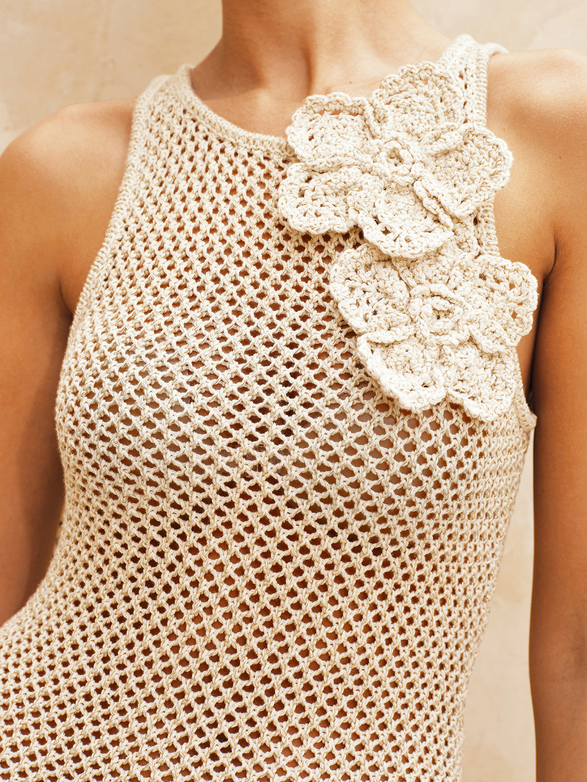 Sleeveless Crochet Mini Dress with Flower Appliques