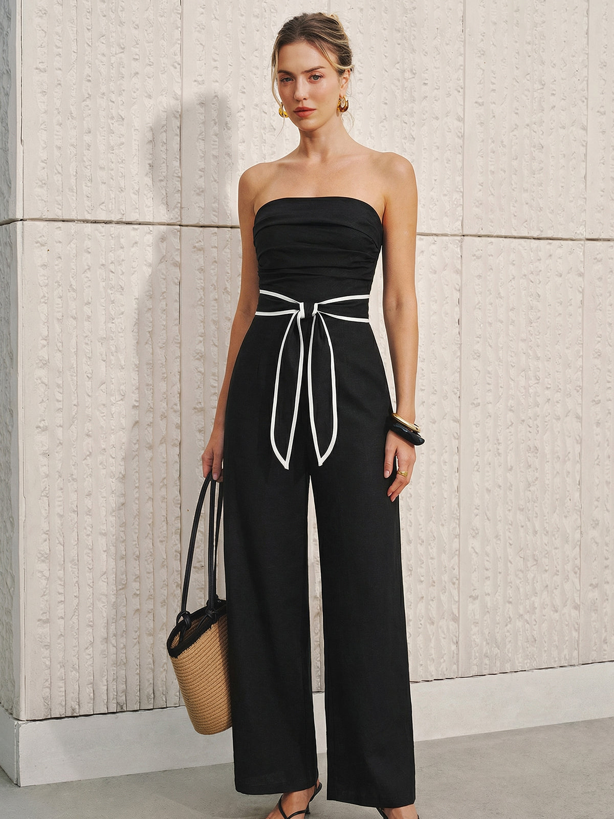 Linen-Blend Strapless Jumpsuit with Tie Waist, Wide Legs