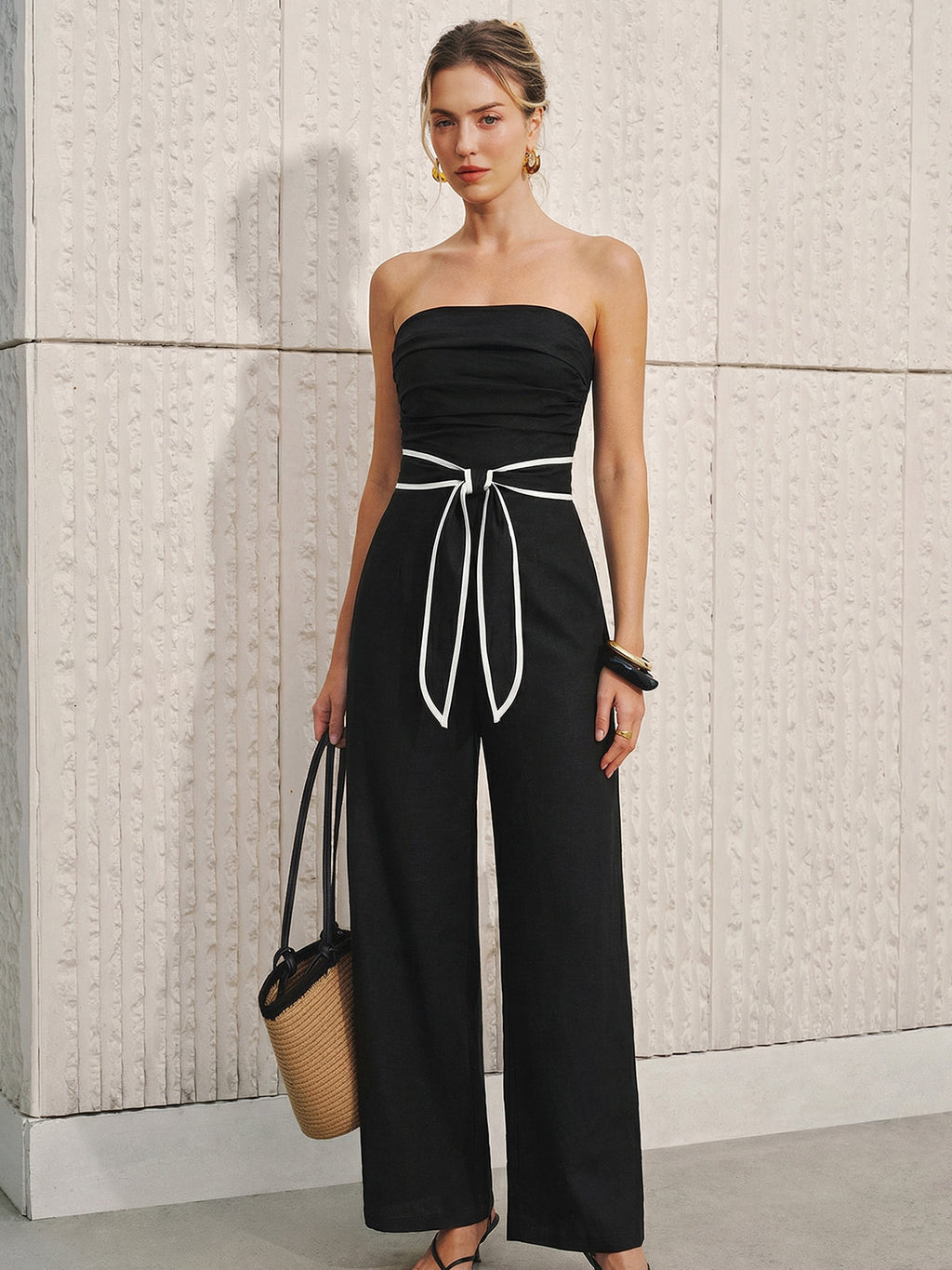 Strapless Linen-Blend Jumpsuit with Tie Waist and Wide Legs