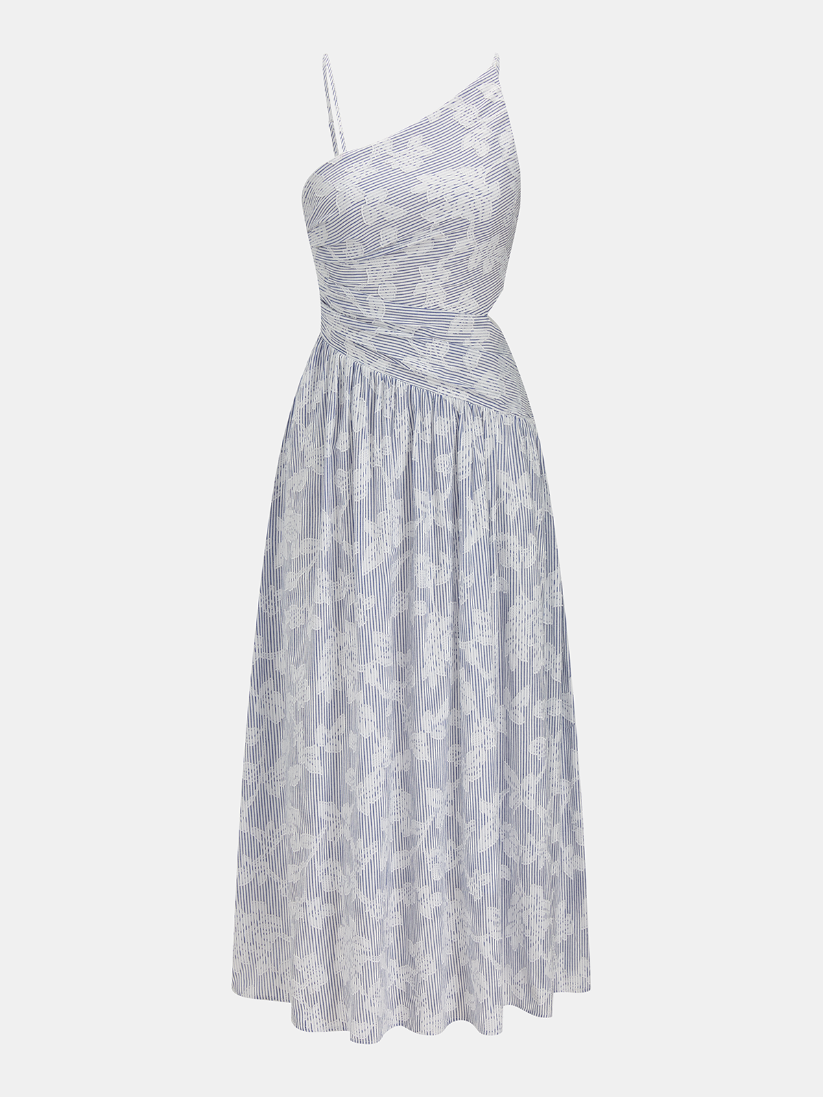 Asymmetric Maxi Dress with Striped Floral Embroidery