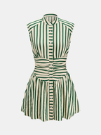 Striped Sleeveless Mini Dress with Stand Collar