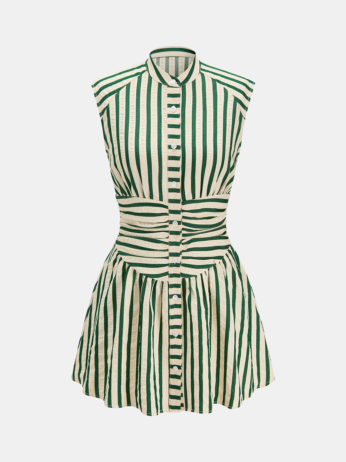 Striped Sleeveless Mini Dress with Stand Collar