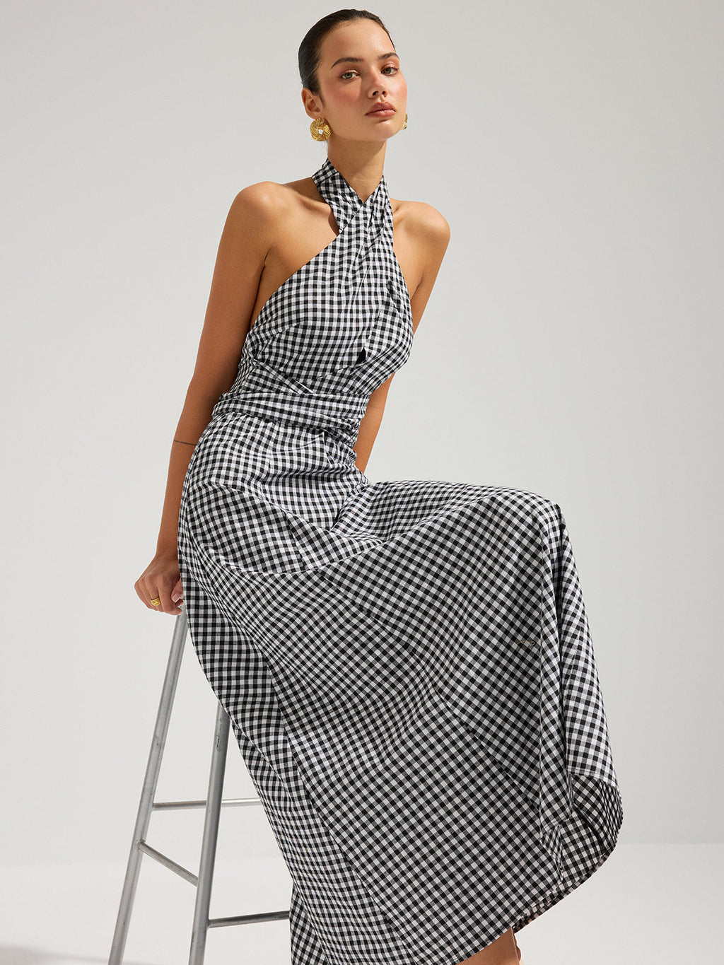 Chic Gingham Cotton Maxi Dress with Halter Neckline