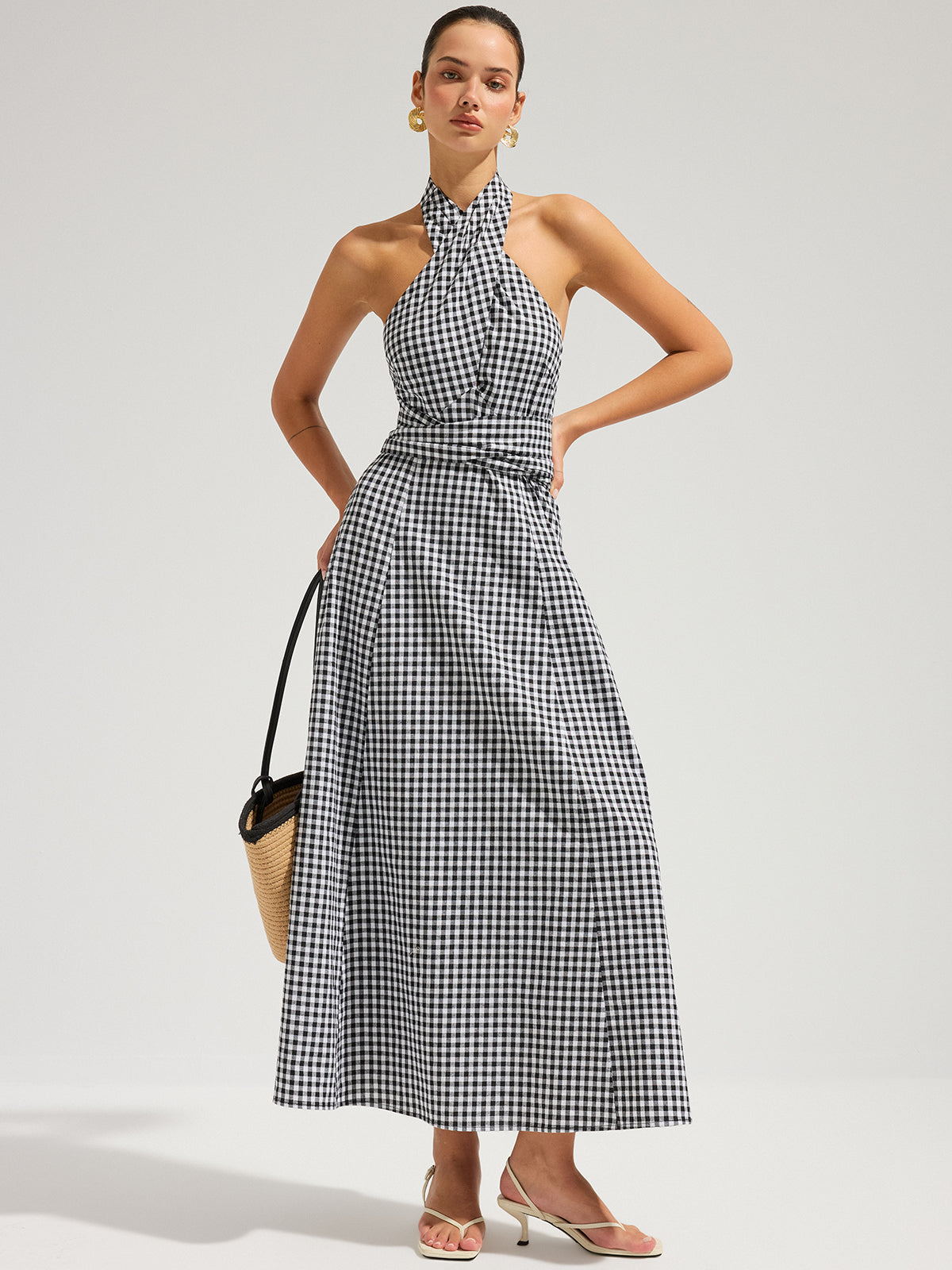 Gingham Print Halter Neck Cotton Maxi Dress