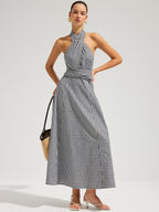 Chic Gingham Cotton Maxi Dress with Halter Neckline