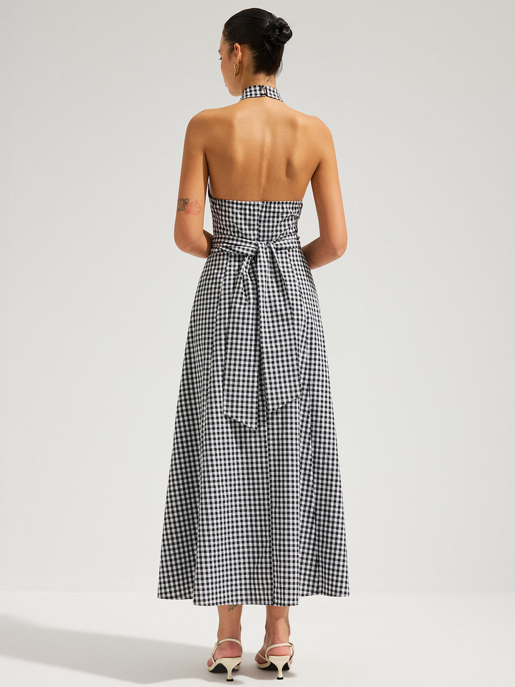 Gingham Print Halter Neck Cotton Maxi Dress