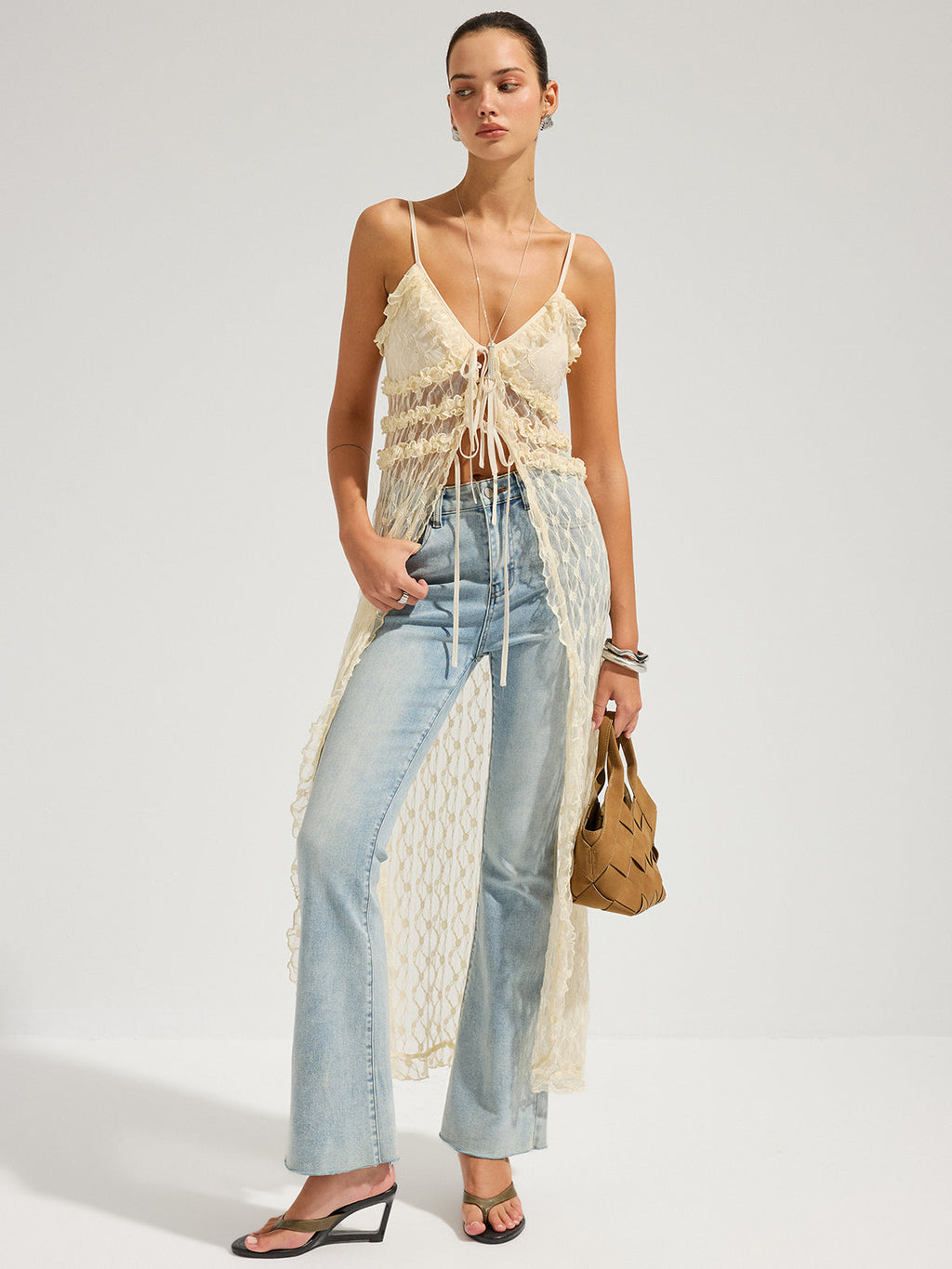 Sheer Lace Cami Dress with Ruffled Midi Skirt