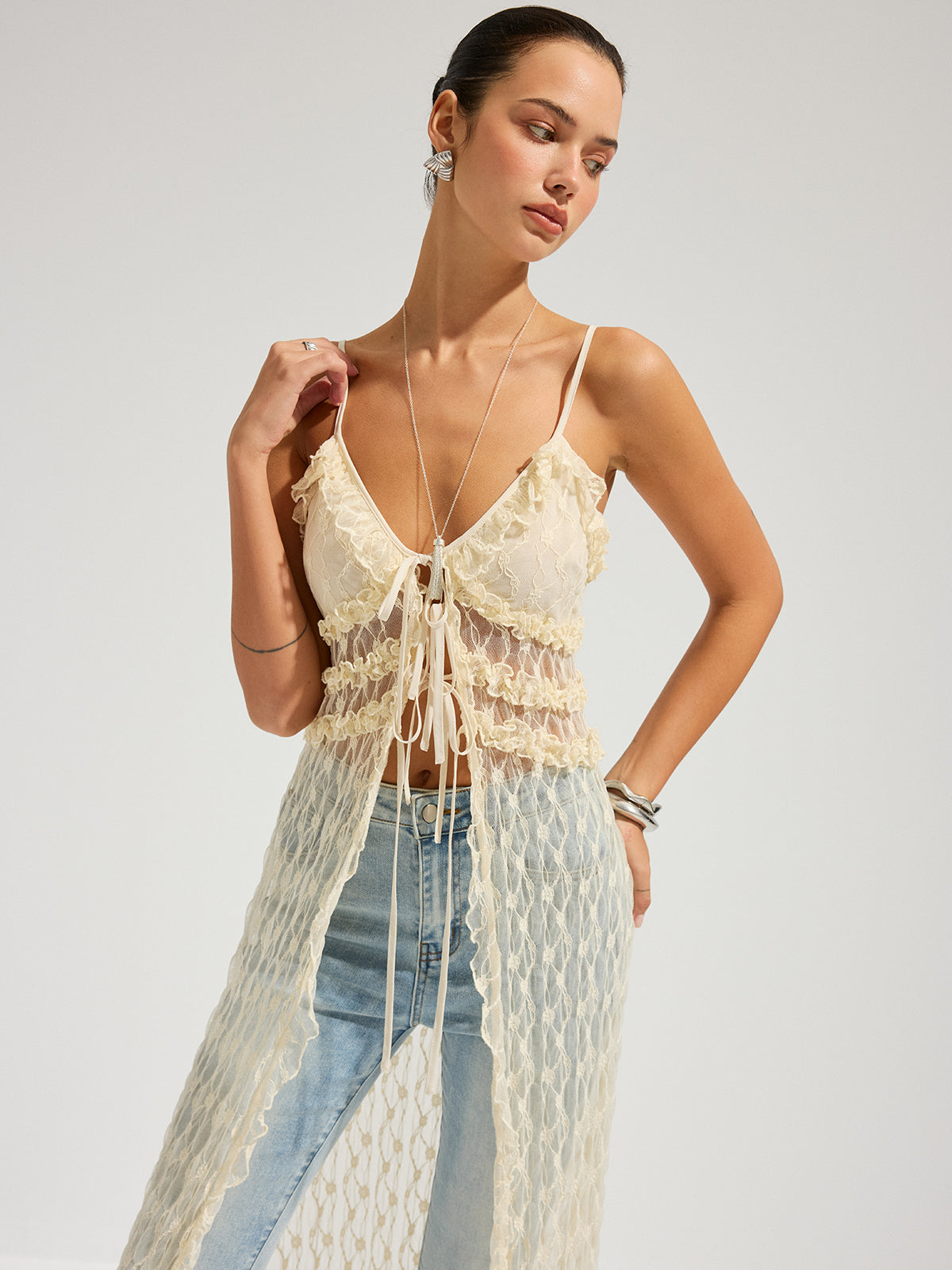 Sheer Lace Cami Dress with Ruffled Midi Skirt